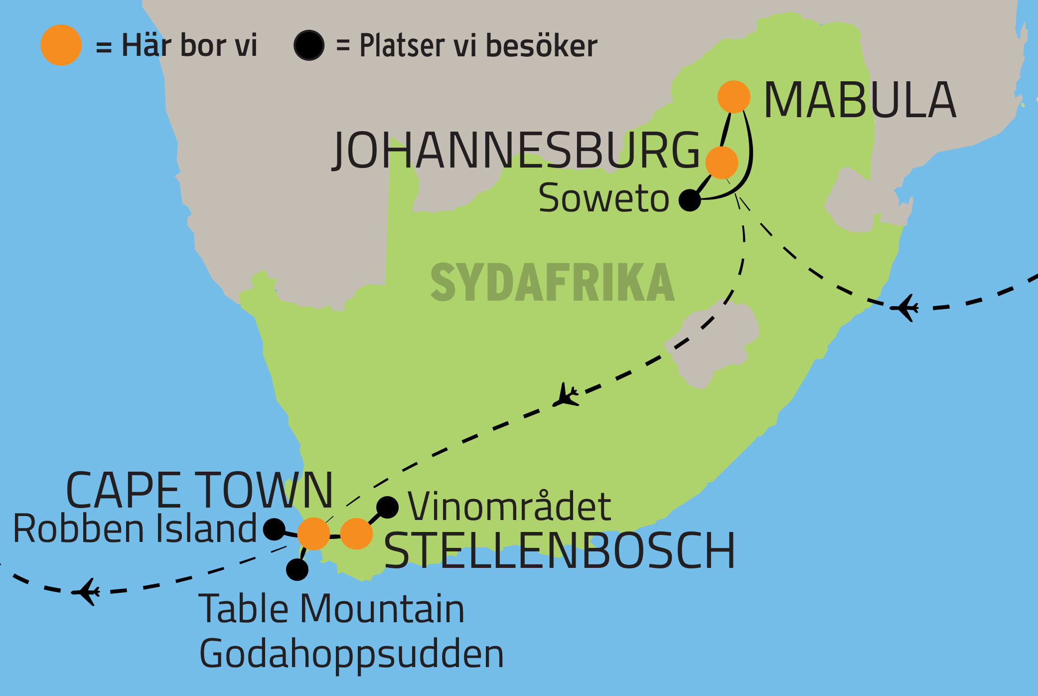 Geografisk karta över Sydafrika och Kapstaden.